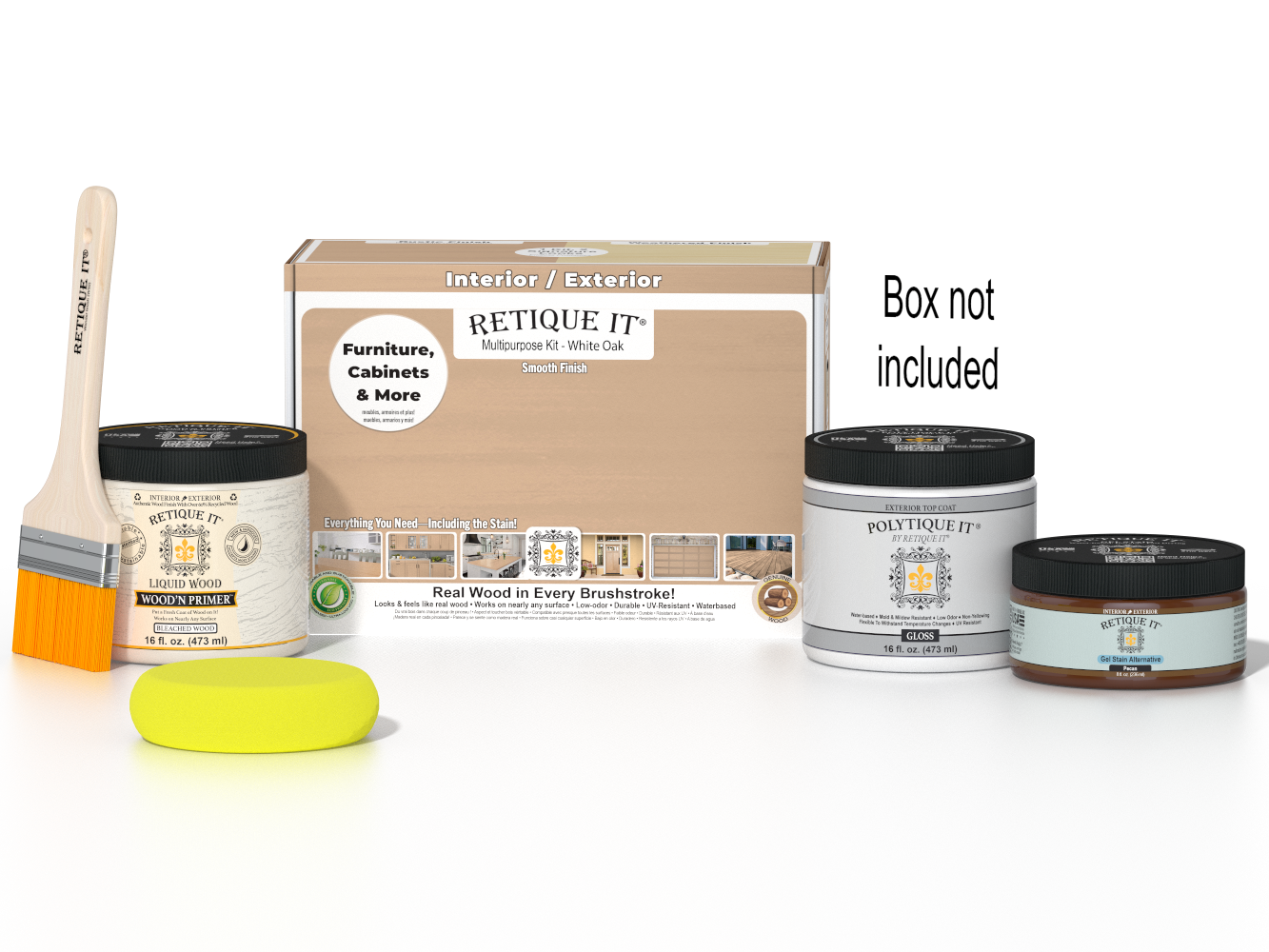 Retique It® Multi-purpose Smooth Finish Kit in White Oak for exterior top coat, includes wood finish and application tools.