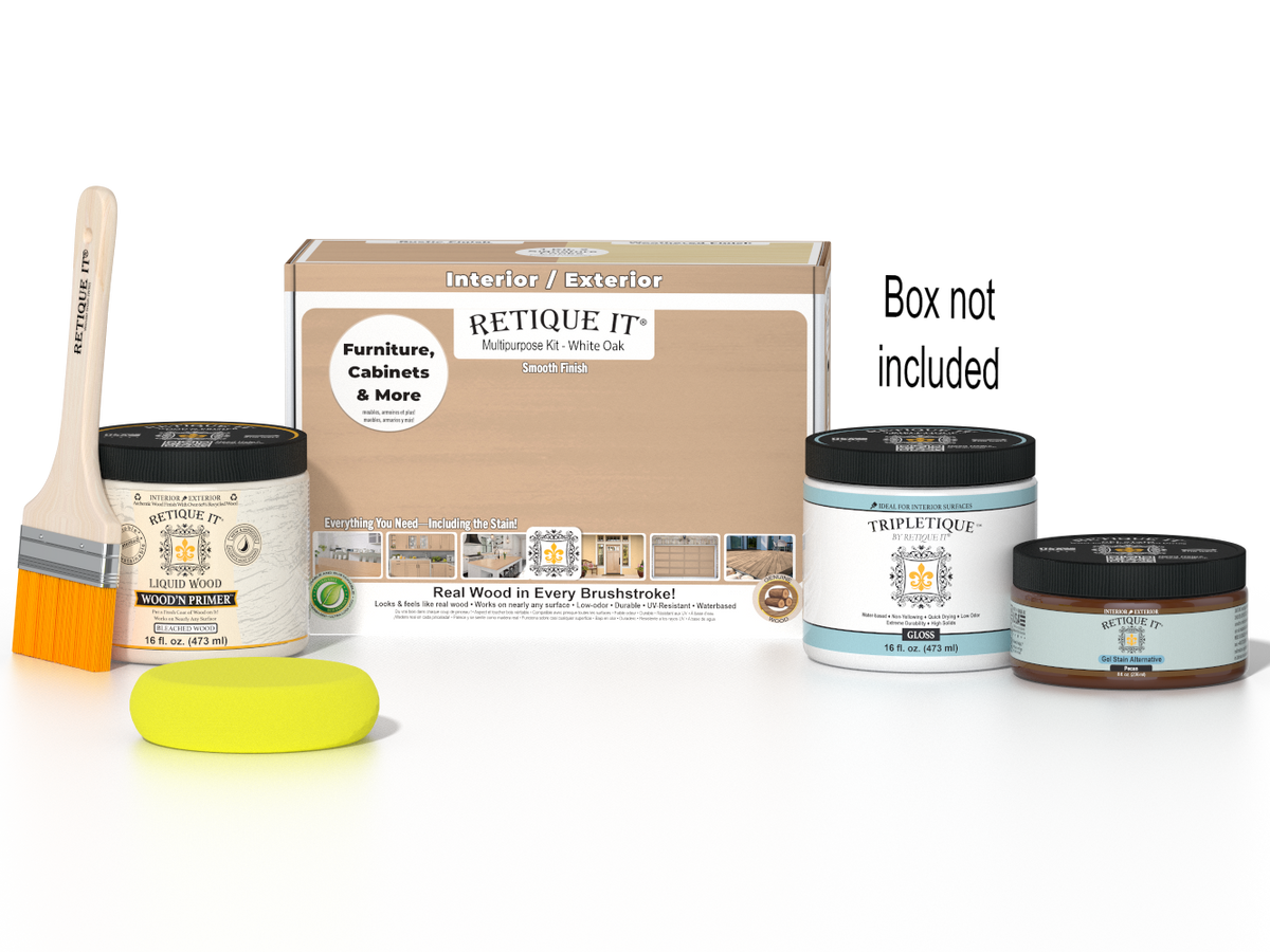 Retique It White Oak Multi-purpose Smooth Finish Kit for interior top coat in gloss, includes applicator tools and finished wood sample.