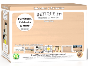 Large white oak wood finish kit by Retique It® with smooth finish, includes multiple tools and products for wood projects.