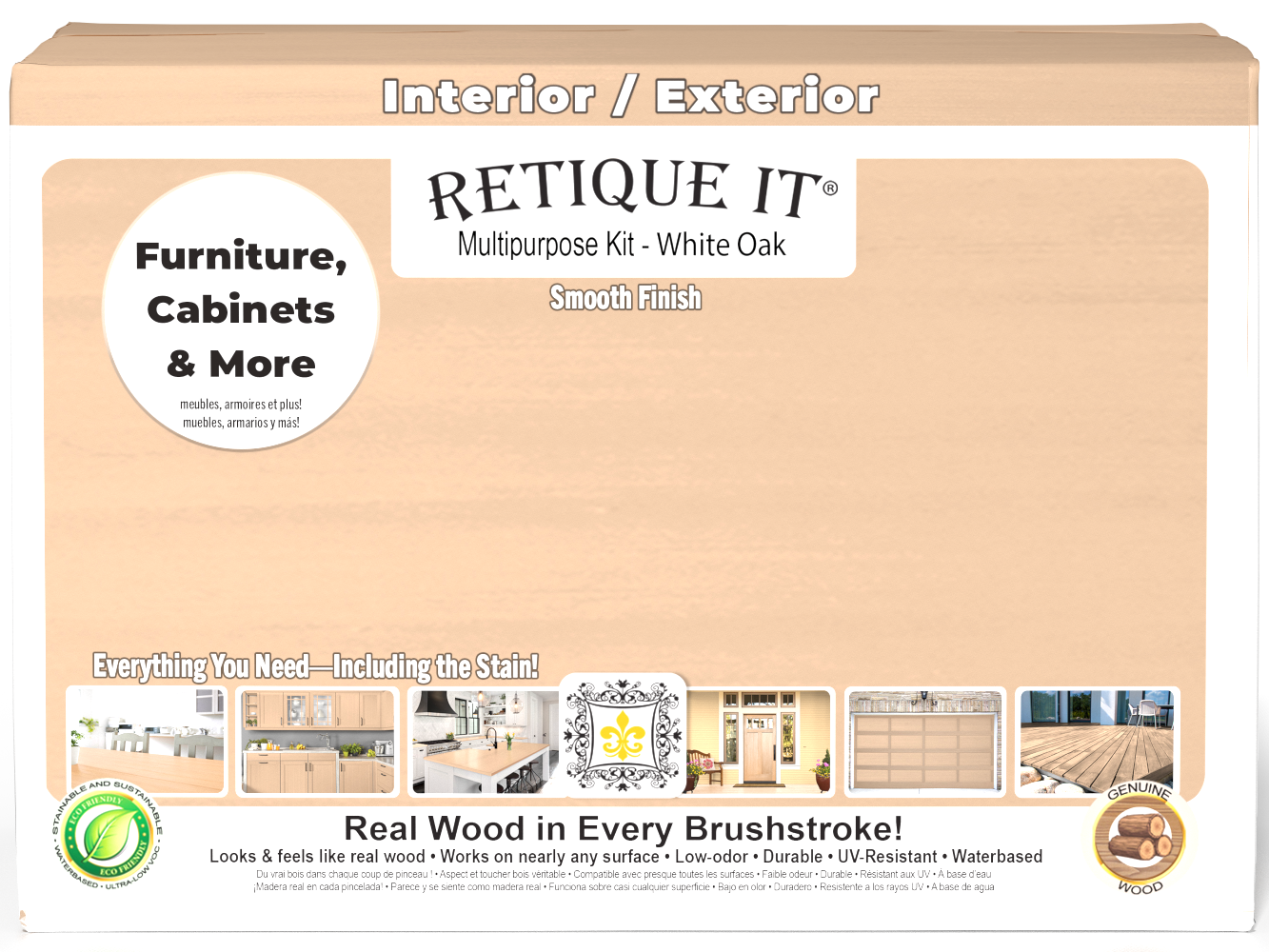 Large white oak wood finish kit by Retique It® with smooth finish, including brushes and tools inside the box.