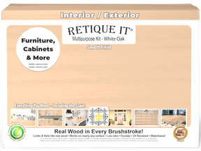 Large white oak wood finish kit by Retique It® with smooth finish, including brushes and tools inside the box.