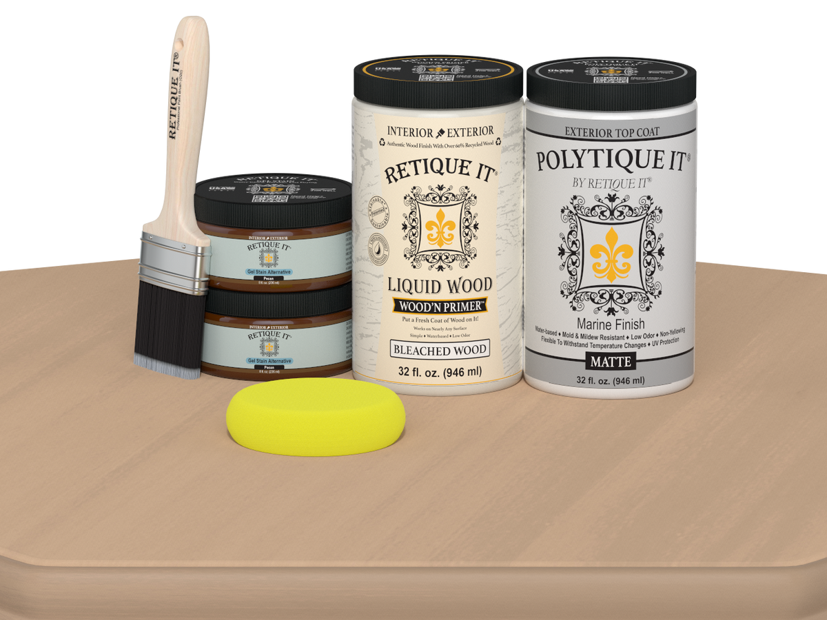 Large white oak wood finish kit by Retique It® for exterior top coat, includes smooth finish tools and materials.