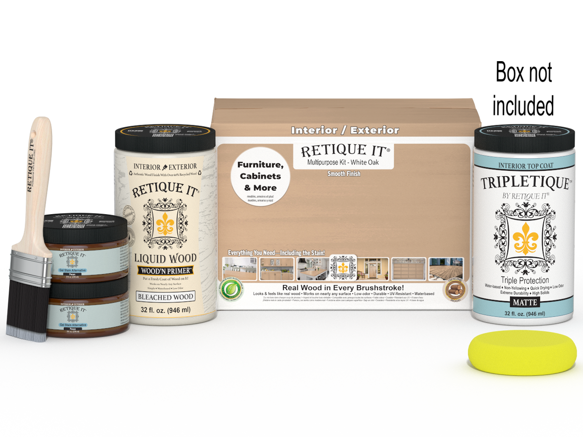 Large white oak wood finish kit by Retique It® for interior top coats, featuring smooth finish in a multi-purpose wood treatment set.