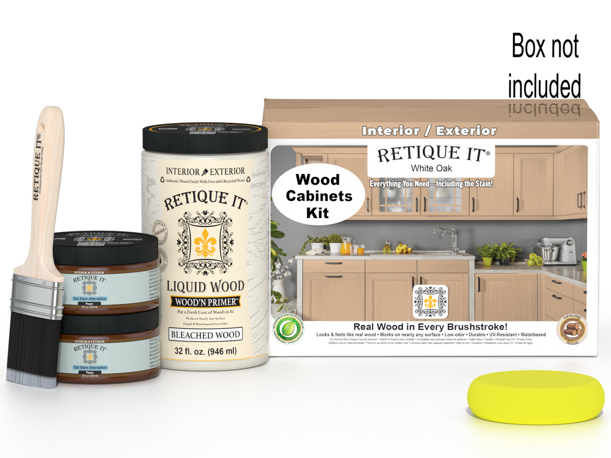 White oak Wood'n Cabinet Kit with 12 smooth doors, stained in Retique It® White Oak for a modern kitchen update.