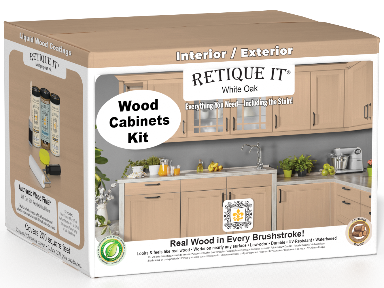 White oak Wood'n Cabinet kit with 24 smooth doors, stained by Retique It® for a sleek, modern kitchen cabinet look.