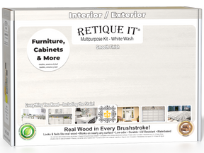 Retique It® Multi-purpose Smooth Finish Kit in White Wash for exterior wood furniture, includes top coat and application tools.