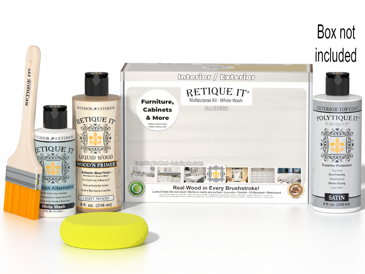 Retique It Wood'n Finish Kit in White Wash for exterior top coat, showing a finish palette and application tools.