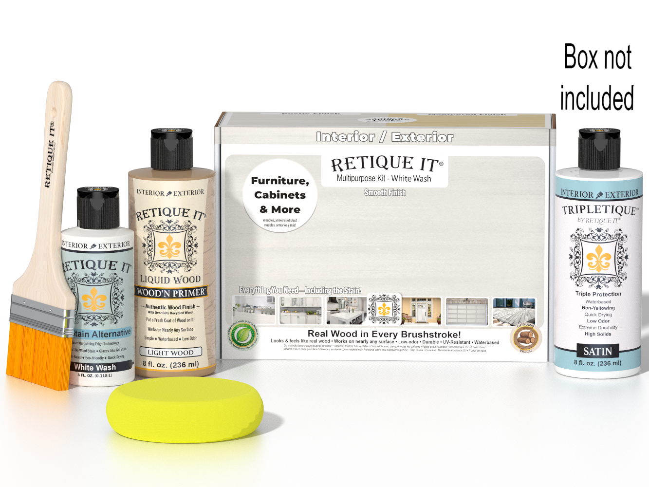 Retique It® Wood'n Finish Kits white wash interior top coat in a multi-purpose smooth finish kit with applicator and brush.