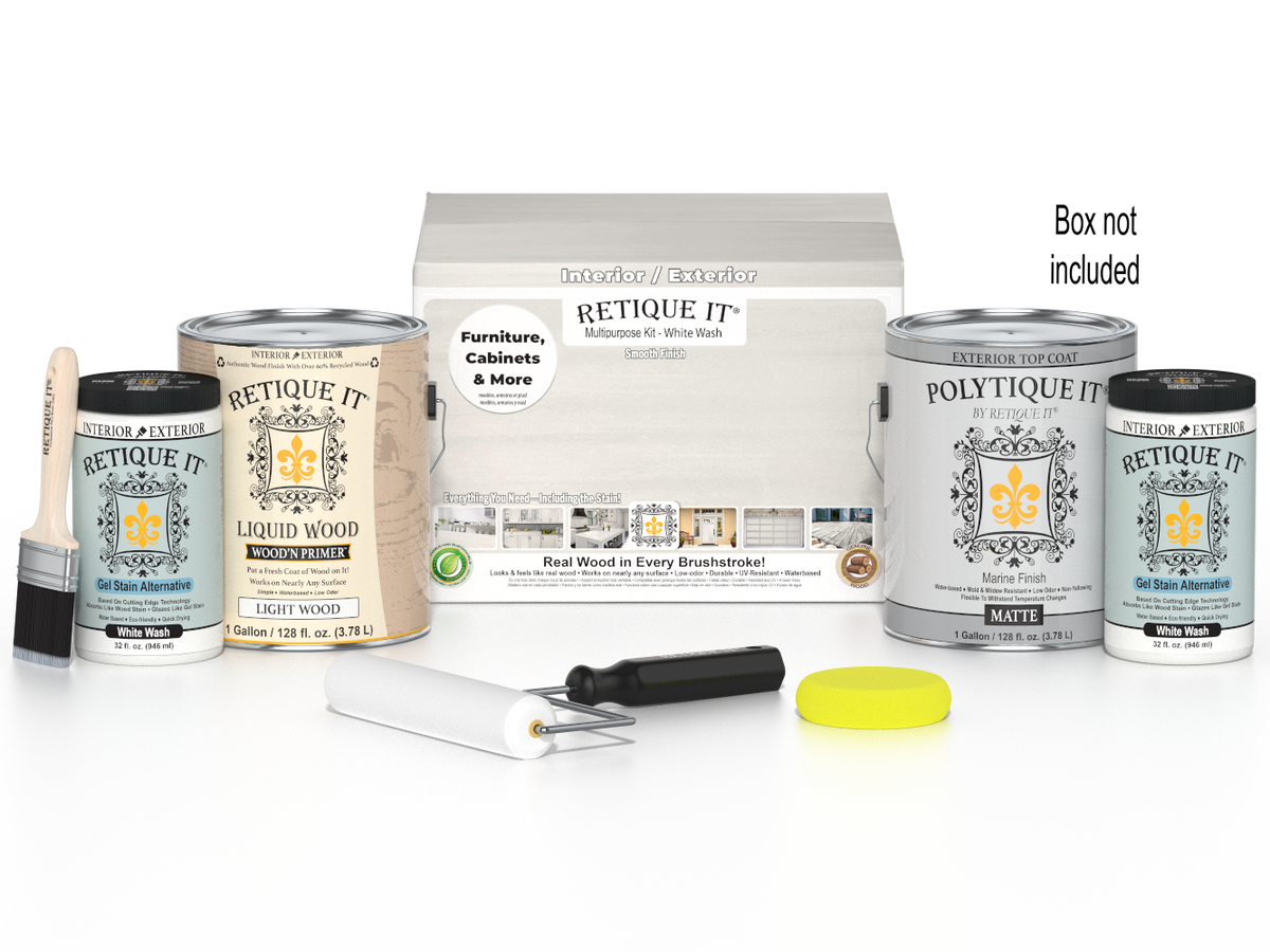 Retique It® Multi-purpose Smooth Finish Kit with four large white wash exterior top coats for wood surfaces.