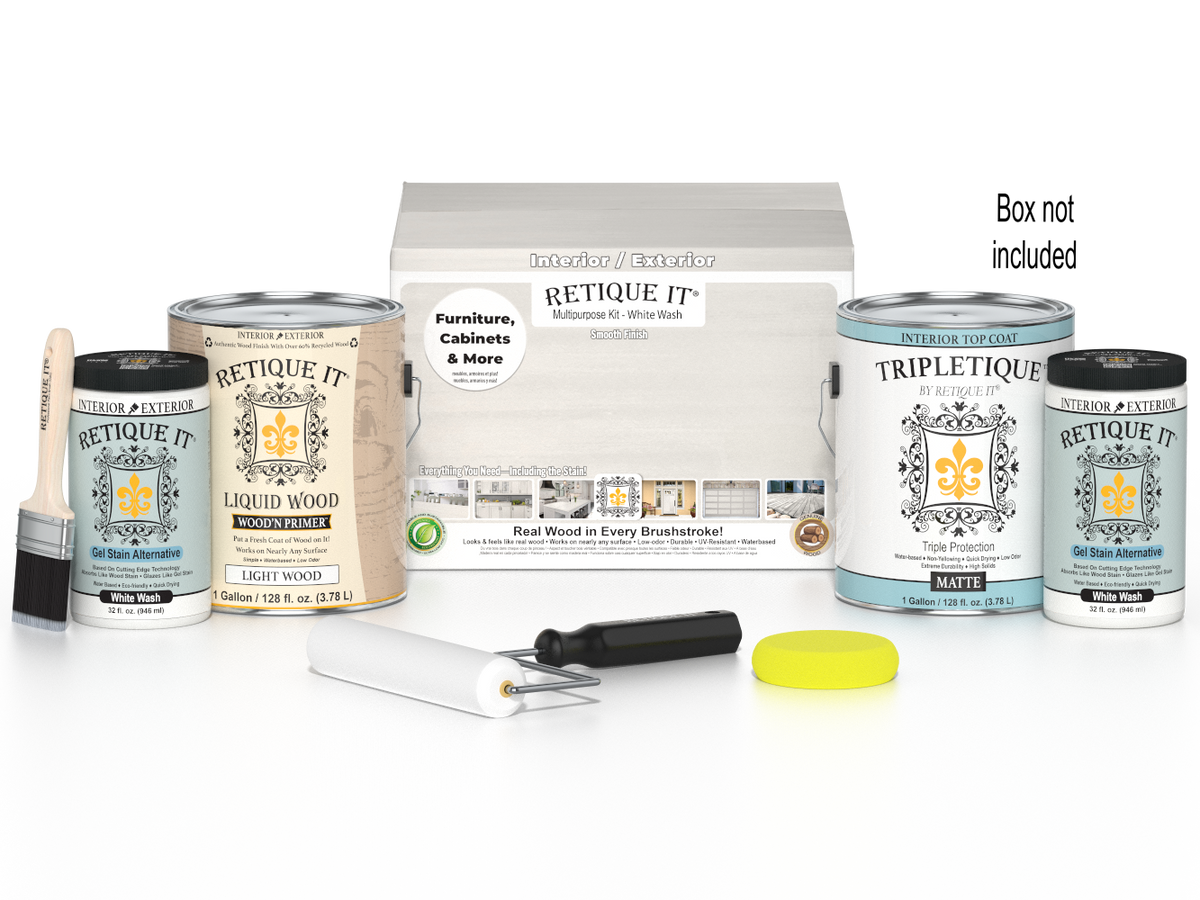 Retique It® Multi-purpose Smooth Finish Kit in white wash, interior wood top coat with four large containers and application box.