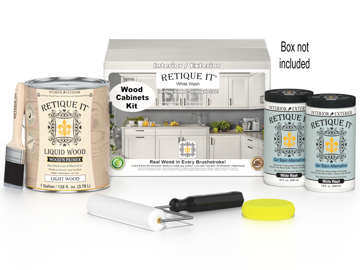 Retique It Wood'n Cabinet Kit with 48 white wash stained cabinet doors, smooth finish, ideal for kitchen or bathroom renovation.