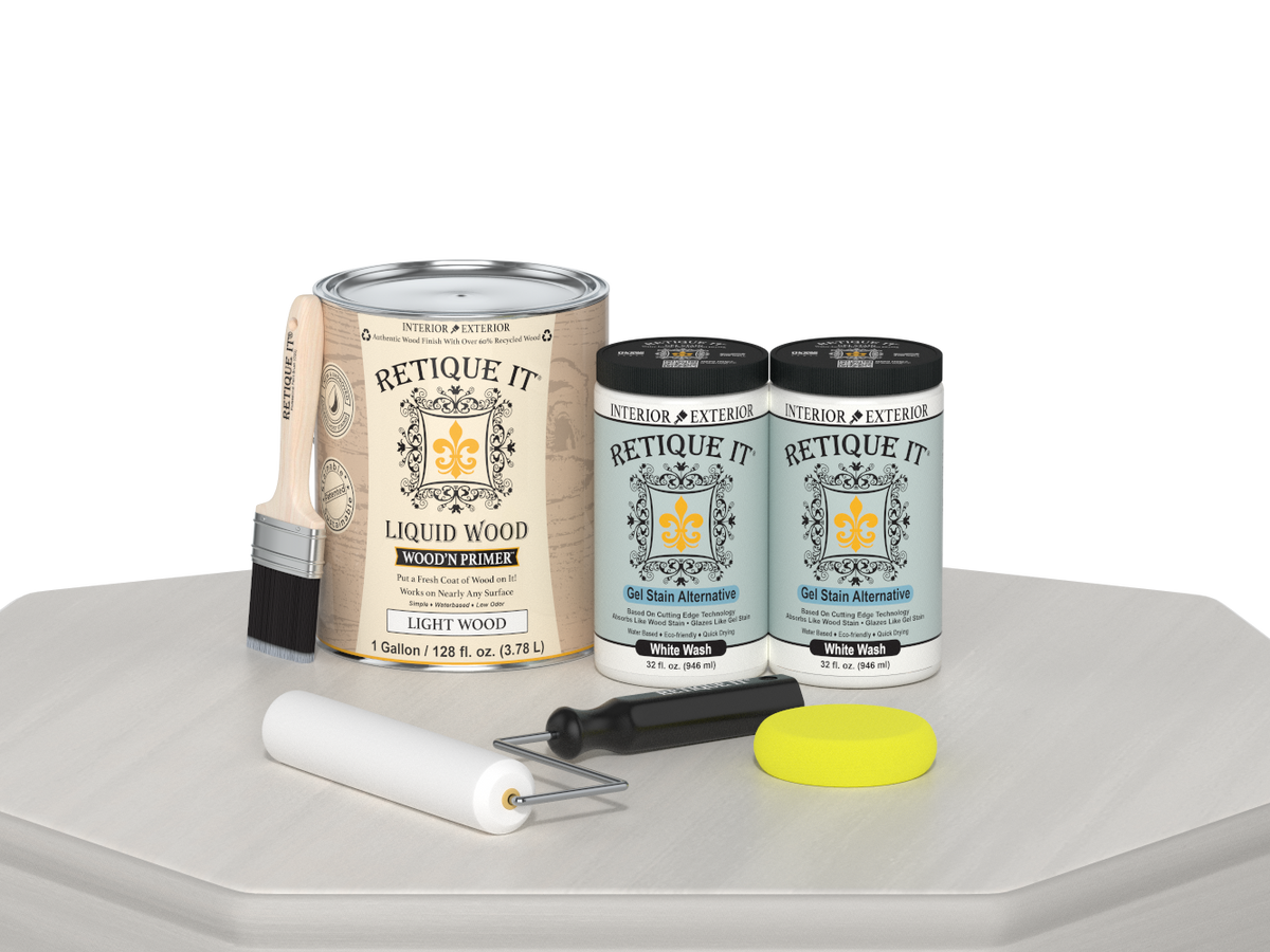 Retique It® wood finish kit with four large white wash smooth finish wood products, ideal for furniture and craft projects.
