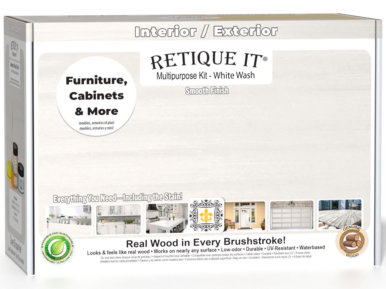 Retique It® wood finish kit in white wash, multi-purpose smooth finish set with tools and materials for wood furniture.