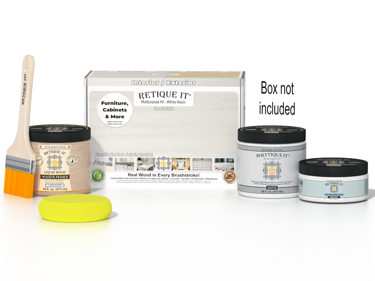 Retique It® Multi-purpose Smooth Finish Kit in white wash for exterior wood top coat, includes application tools and instructions.