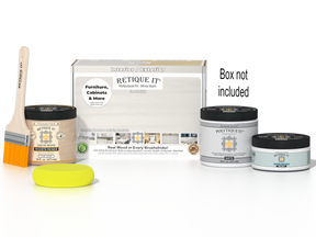 Retique It® Multi-purpose Smooth Finish Kit in white wash for exterior wood top coat, includes application tools and instructions.