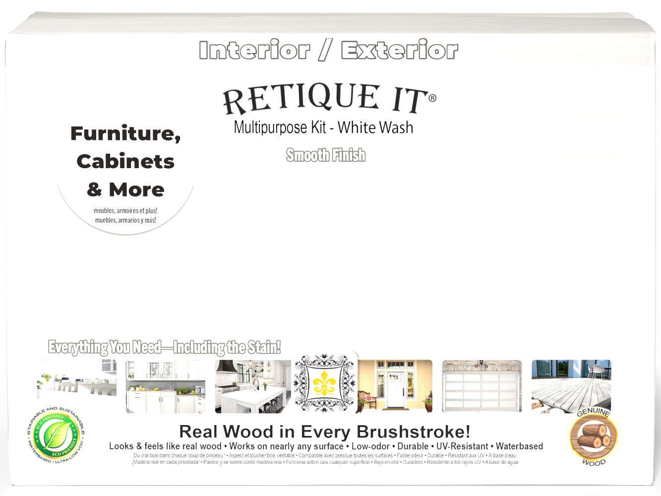 Retique It® Wood'n Finish Kits large white wash interior top coat with a smooth, matte finish in a box front view.