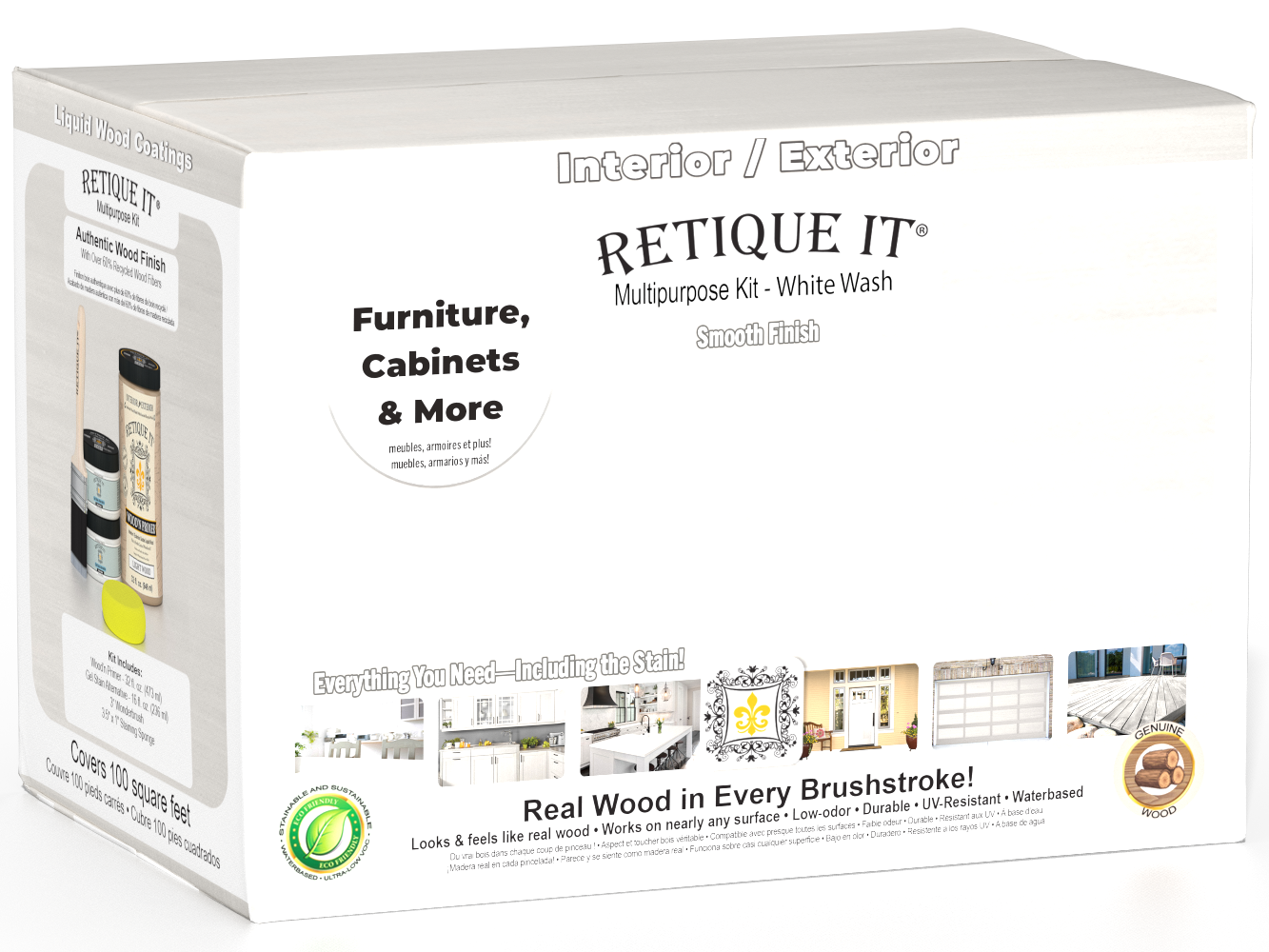 Large white wash wood finish kit by Retique It® with smooth application, includes brushes and tools in the image.