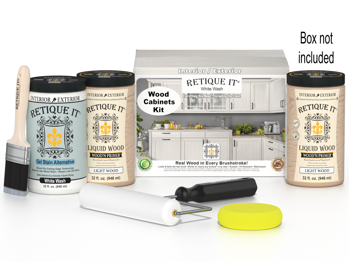 Retique It® Wood'n Cabinet Kit with 24 white wash stained smooth cabinet doors, ideal for kitchen or bathroom cabinetry.