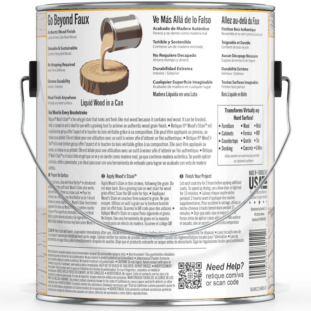 Retique It Liquid Wood Wood'n Stain 128 oz White Wash stain bottle showing the product label and clear container.