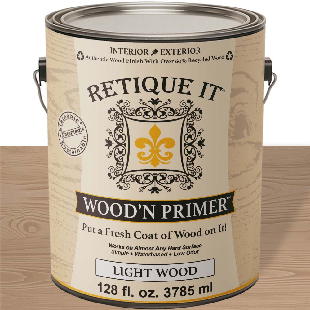 Retique It® wood primer for furniture and projects, showing a close-up of the primer-coated wooden surface.