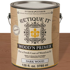 Retique It® wood primer applied to a wooden surface, showcasing a smooth, even base coat for woodworking projects.