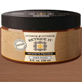 Retique It® wood primer designed for wood surfaces, shown in a close-up of the primer applied on wood in the image.