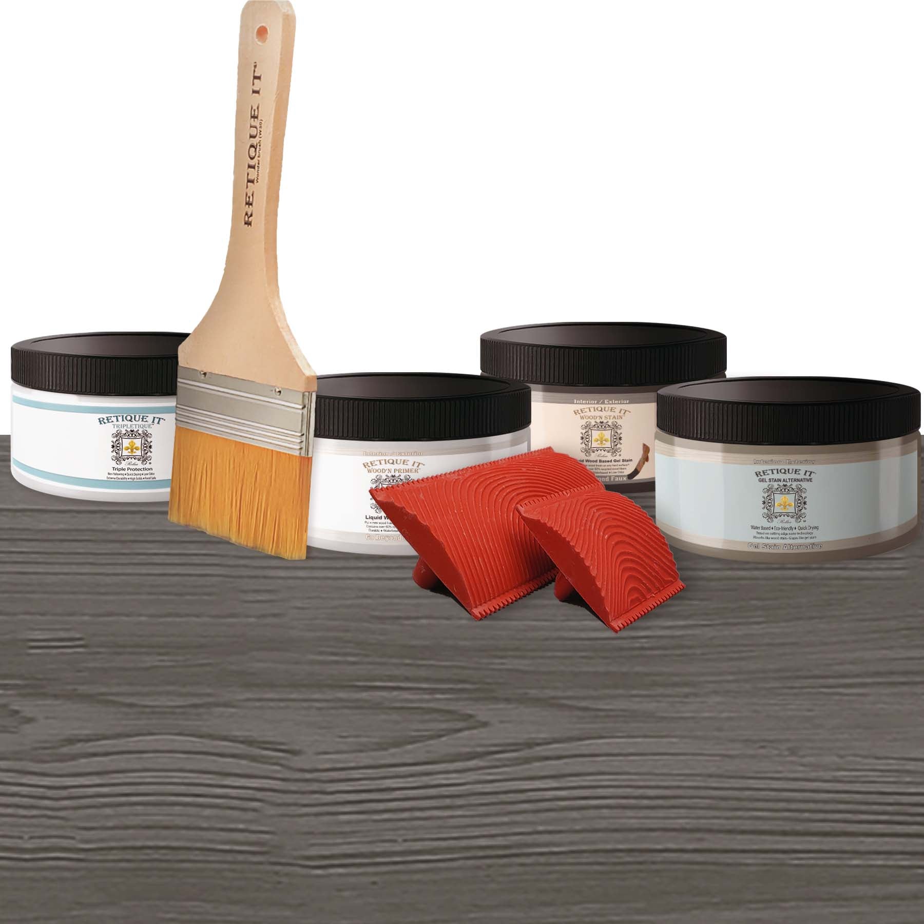 Retique It Wood'n Finish Kit in Harbor Gray with interior top coat, featuring wood stain gel and finish components.