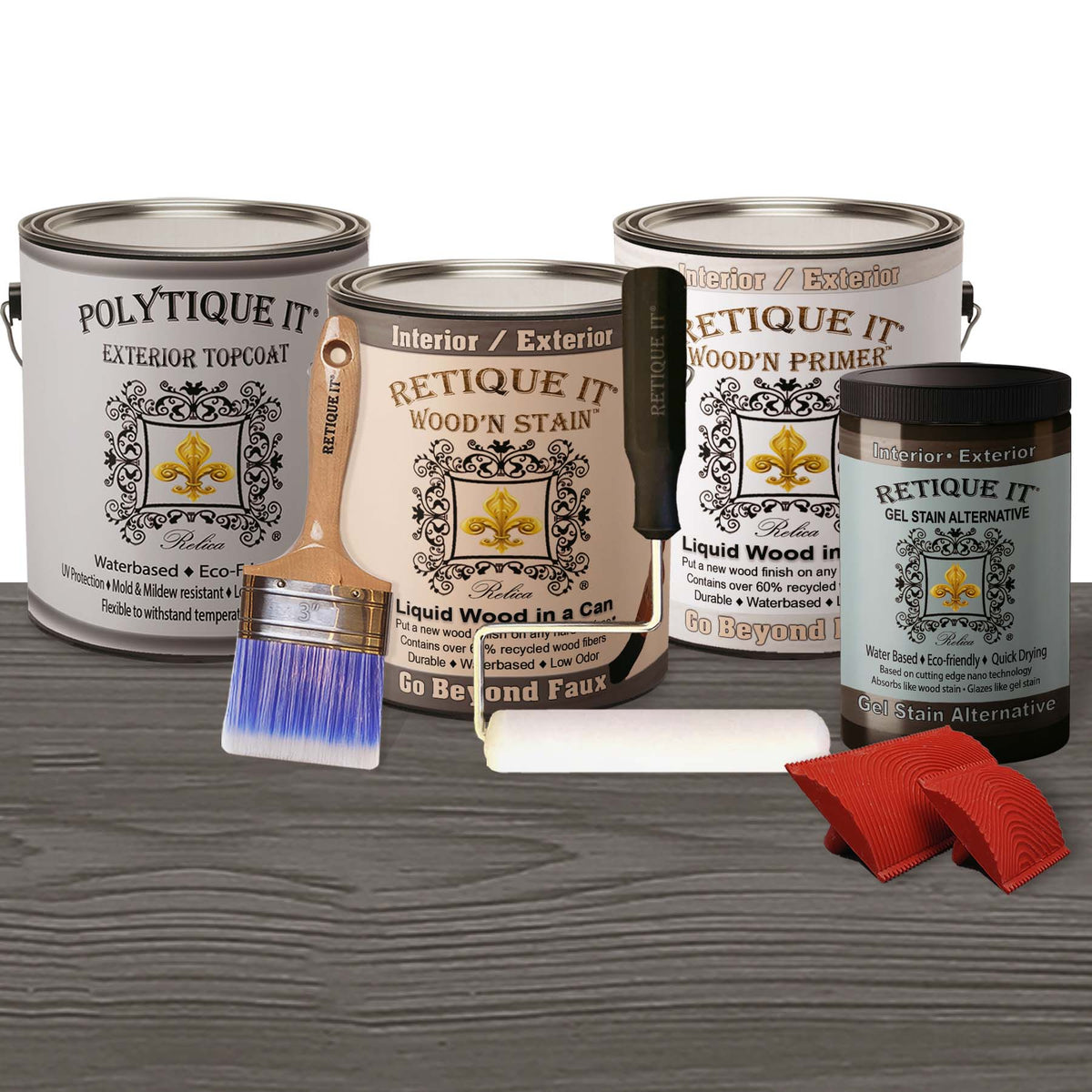 Retique It Wood'n Kit Multi-purpose exterior top coat in Harbor Gray with four large containers and a wood finish application plate.