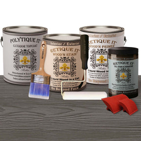Retique It Wood'n Kit Multi-purpose exterior top coat in Harbor Gray with four large containers and a wood finish application plate.