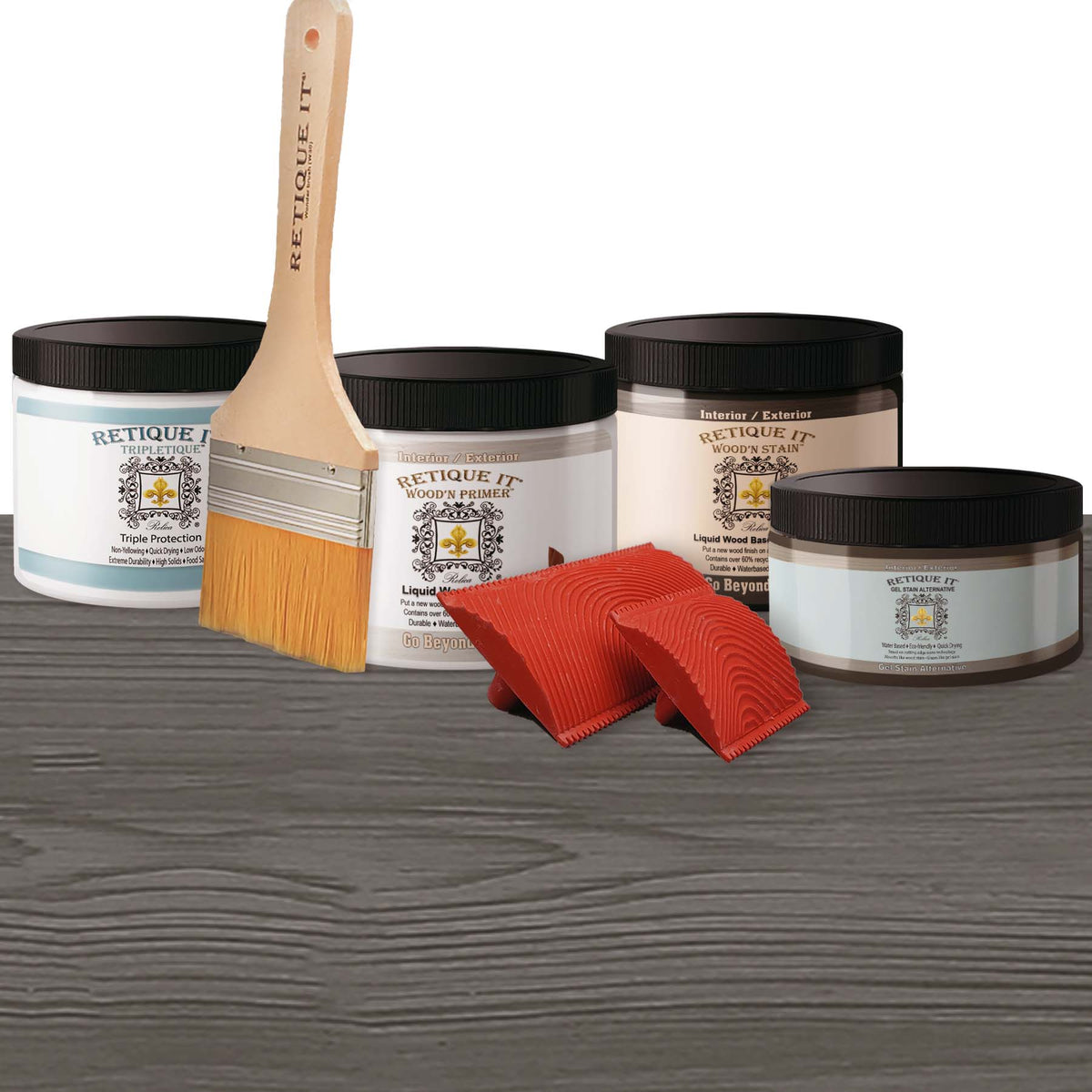 Retique It® Harbor Gray wood countertop kit with stain gel, showcasing a finished kitchen island surface with a gray wood grain finish.