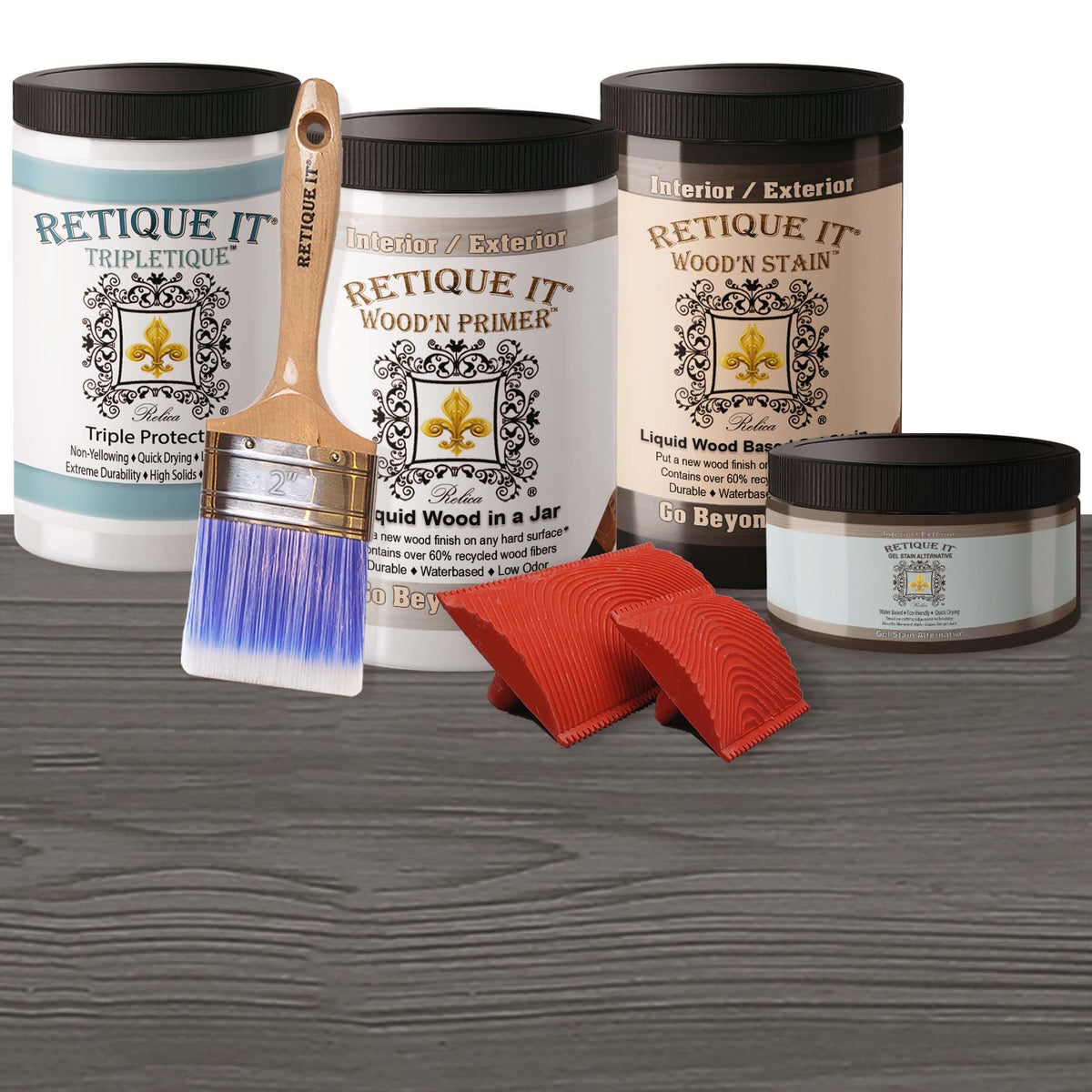 Large Harbor Gray Wood'n Finish Kit interior top coat by Retique It for multi-purpose wood finishing projects.