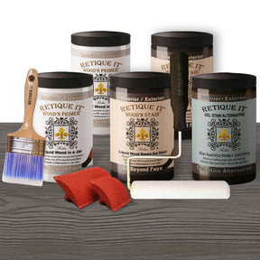 Retique It Wood'n Cabinet Kit with 24 grained doors in Harbor Gray stain, showing detailed wood grain and cabinet components.