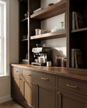 Wooden kitchen cabinet with a coffee maker and various items on a wooden countertop.