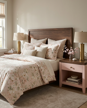 Neatly made bed with floral bedding in a bedroom setting.