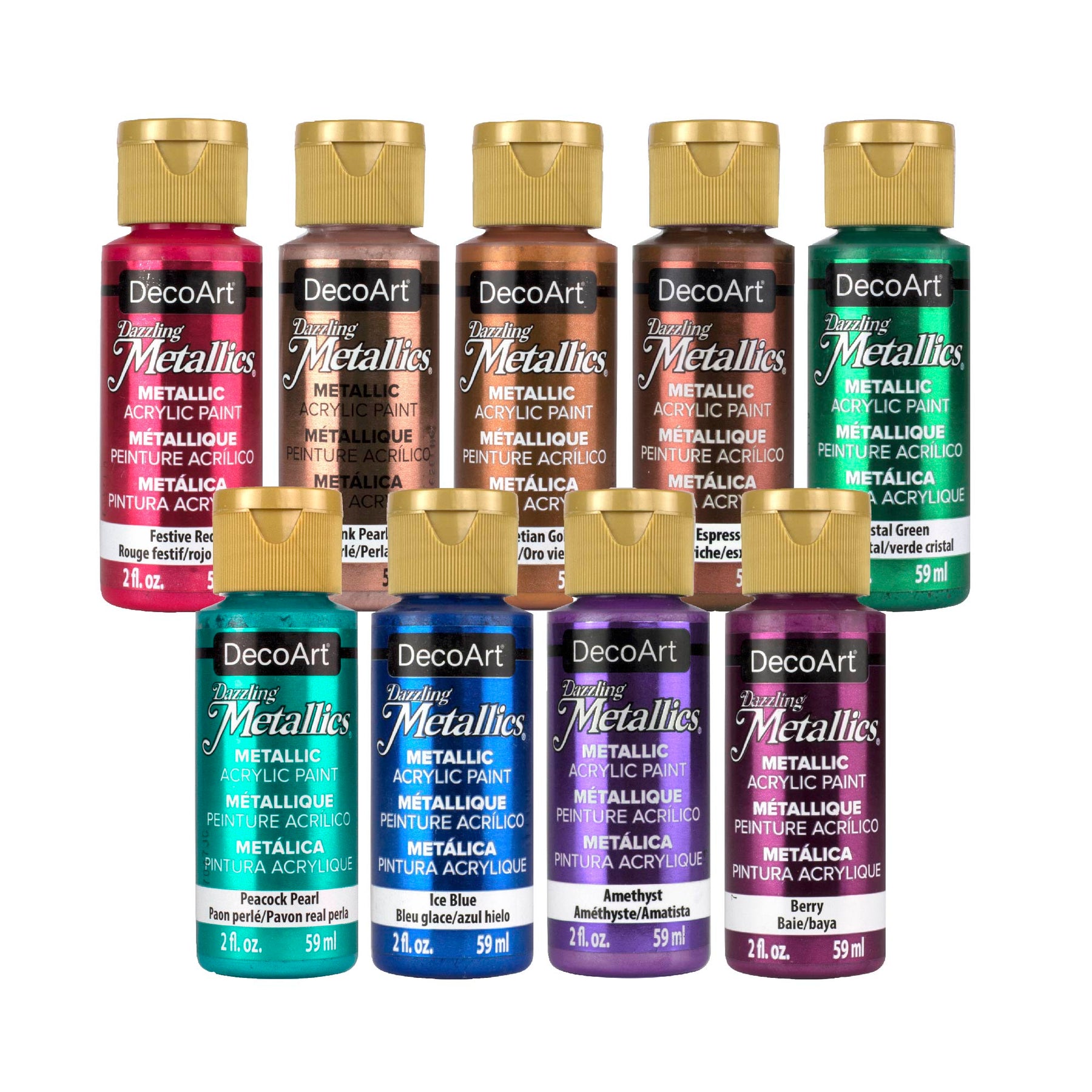 DecoArt Dazzling Metallics acrylic paint set with 9 bold metallic colors in 2 fl oz bottles for art and craft projects