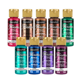 DecoArt Dazzling Metallics acrylic paint set with 9 bold metallic colors in 2 fl oz bottles for art and craft projects
