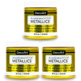 DecoArt Metallics 24K Gold paint 3-pack, shiny gold metallic craft paints shown in open containers with brushes.