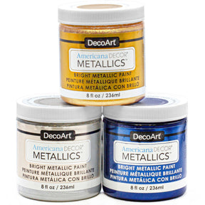 DecoArt Metallics 3-color set with vibrant gold, silver, and bronze acrylic paints for arts and crafts projects.