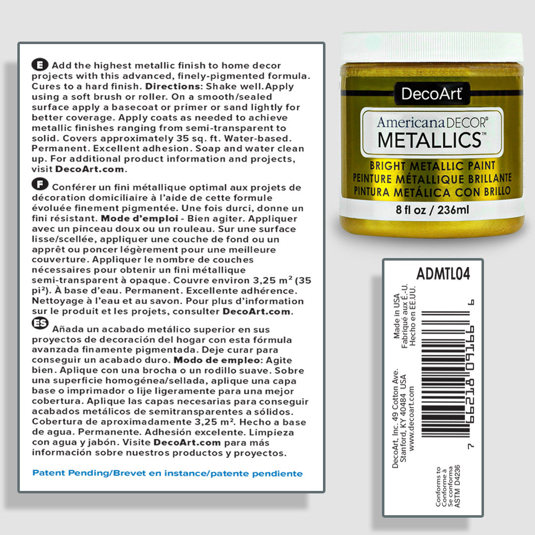 DecoArt Metallics 3 Color Set featuring vibrant metallic paint bottles with colorful caps and labels.