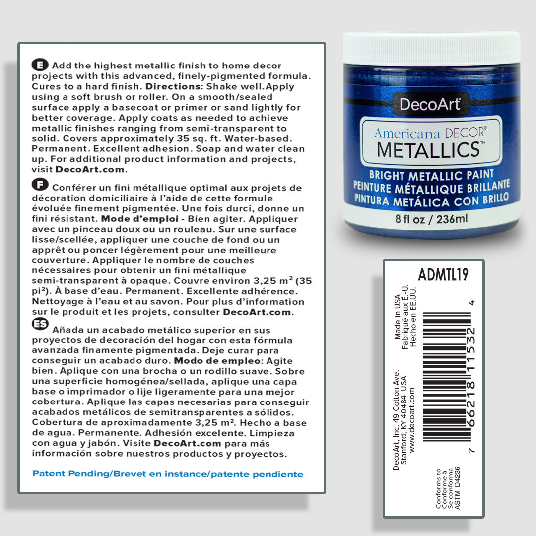 DecoArt Metallics 3 Color Set featuring vibrant metallic paint bottles with shiny, reflective finishes for artistic projects.