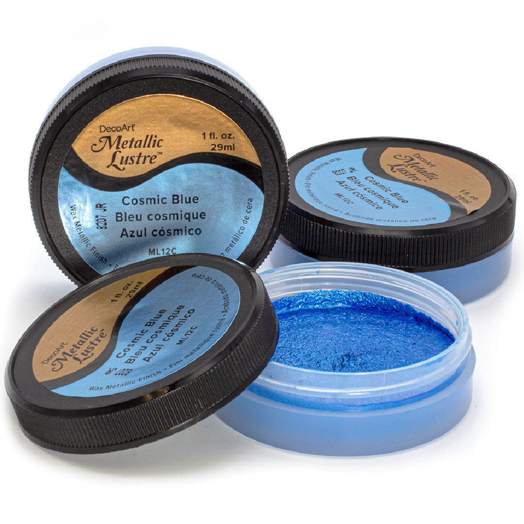Three metallic lustre paints in cosmic blue by DecoArt, showing bottles with shimmering blue finish and metallic accents.