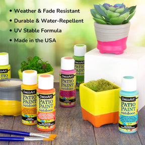 DecoArt Pastel Patio Paint Outdoor Paint Set with 24 colorful paint bottles for outdoor decorating and craft projects.