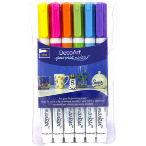 DecoArt transparent glass paint markers in fuchsia, ideal for decorating and detailing on glass surfaces.