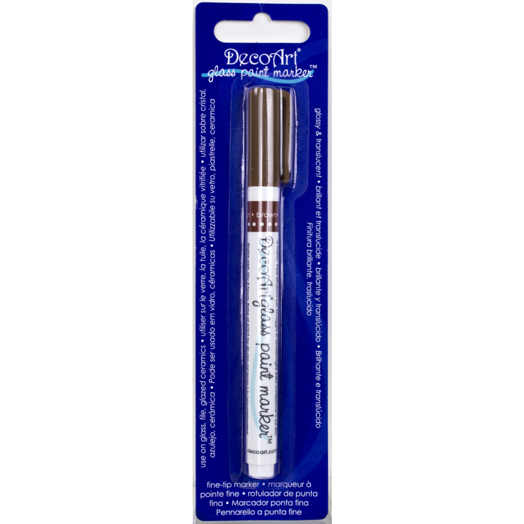 DecoArt transparent glass paint markers in fuchsia for decorating and detailing on glass surfaces.