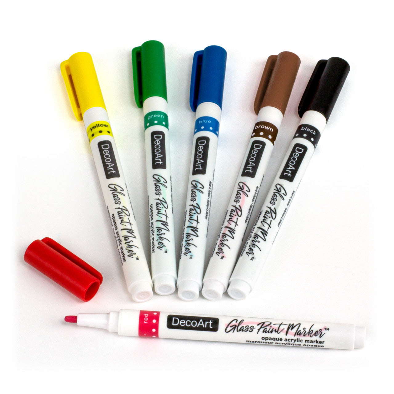 DecoArt glass paint marker set with six colorful markers for decorating glass surfaces and creating vibrant designs.