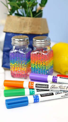 DecoArt glass paint marker set with six colorful markers, ideal for decorating glass surfaces and creating vibrant designs.