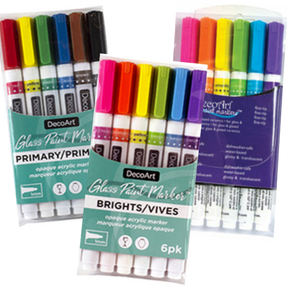 DecoArt glass paint marker set with six colorful markers, ideal for decorating glass surfaces and arts and crafts projects.