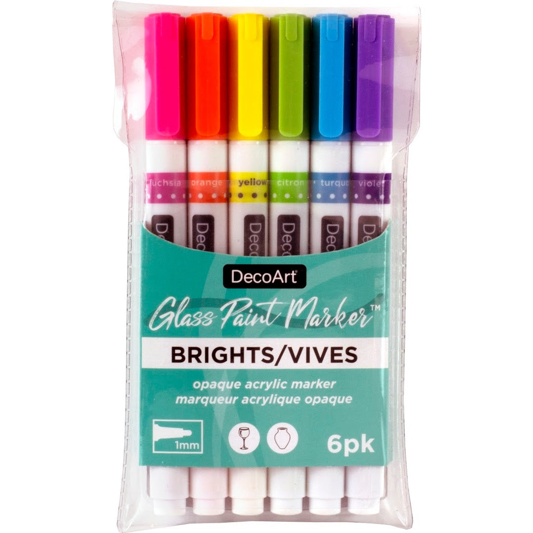 Set of six DecoArt glass paint markers with colorful tips, designed for detailed glass decorating and creative artwork.