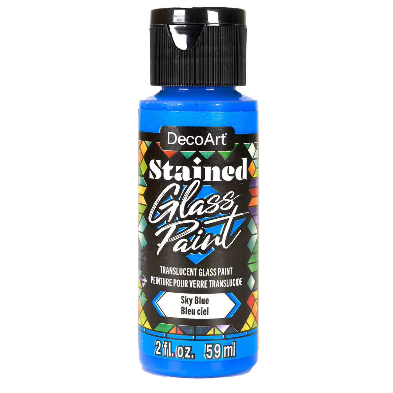 Red stained glass paints by DecoArt in a 2oz bottle, suitable for creating vibrant, colorful stained glass art projects.