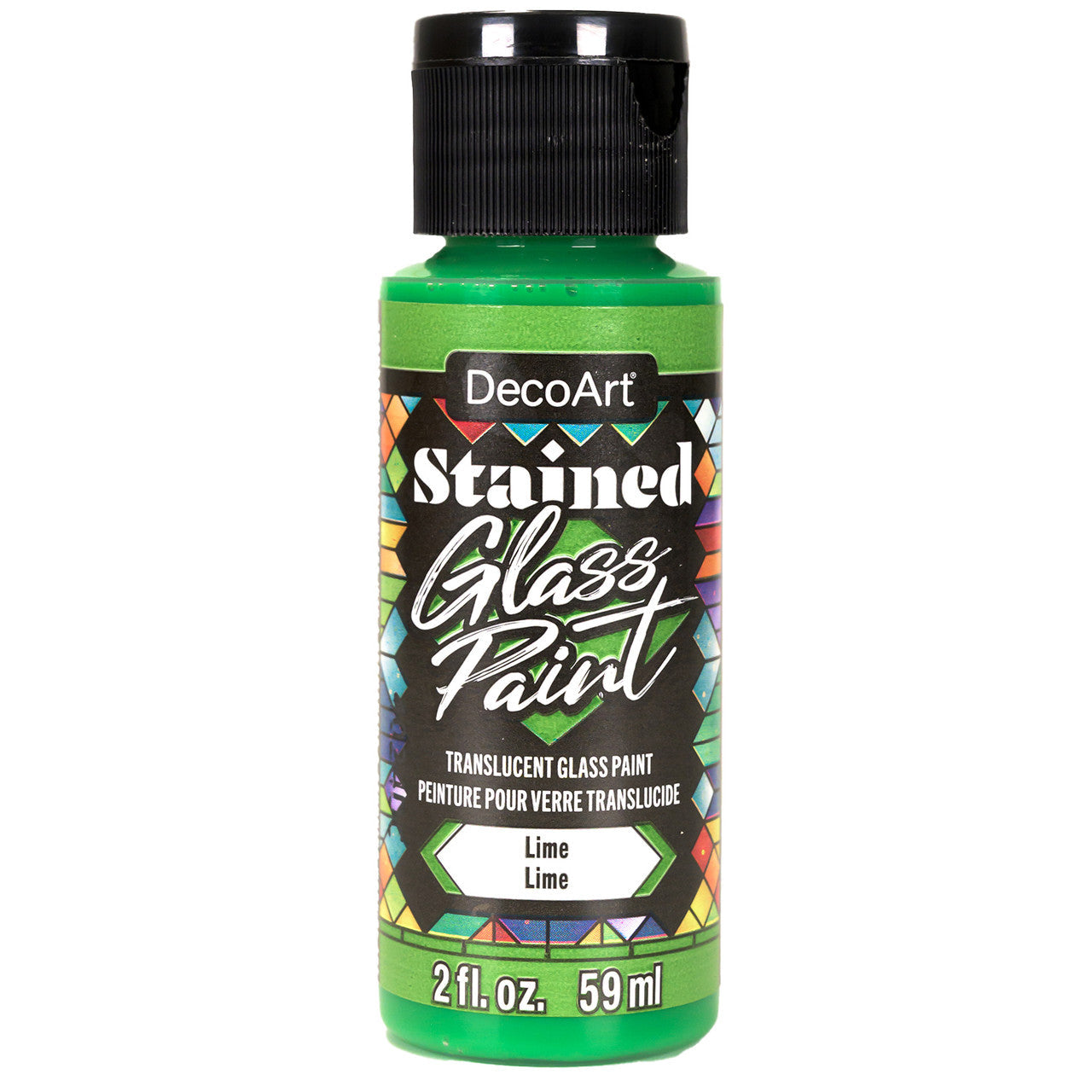DecoArt stained glass paints in a 2oz bottle, vibrant red color, designed for creating colorful stained glass art projects.
